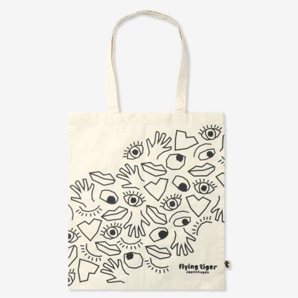 Copenhagen Flying Tiger Linen Blend Reusable Shopping Shopper Tote Eye Lips Bag